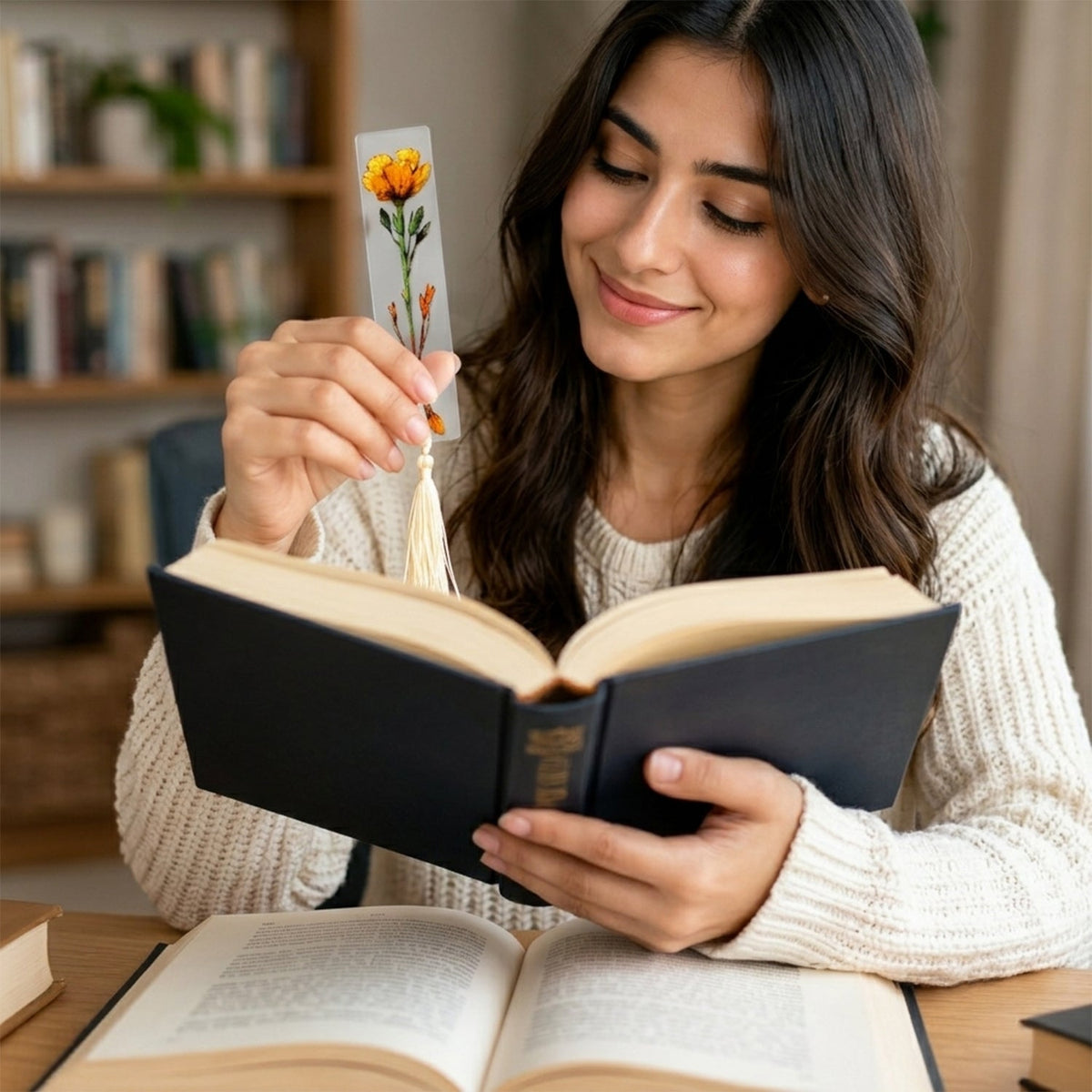 A smiling woman holds a transparent bookmark with a yellow flower design and a cream tassel over an open book.