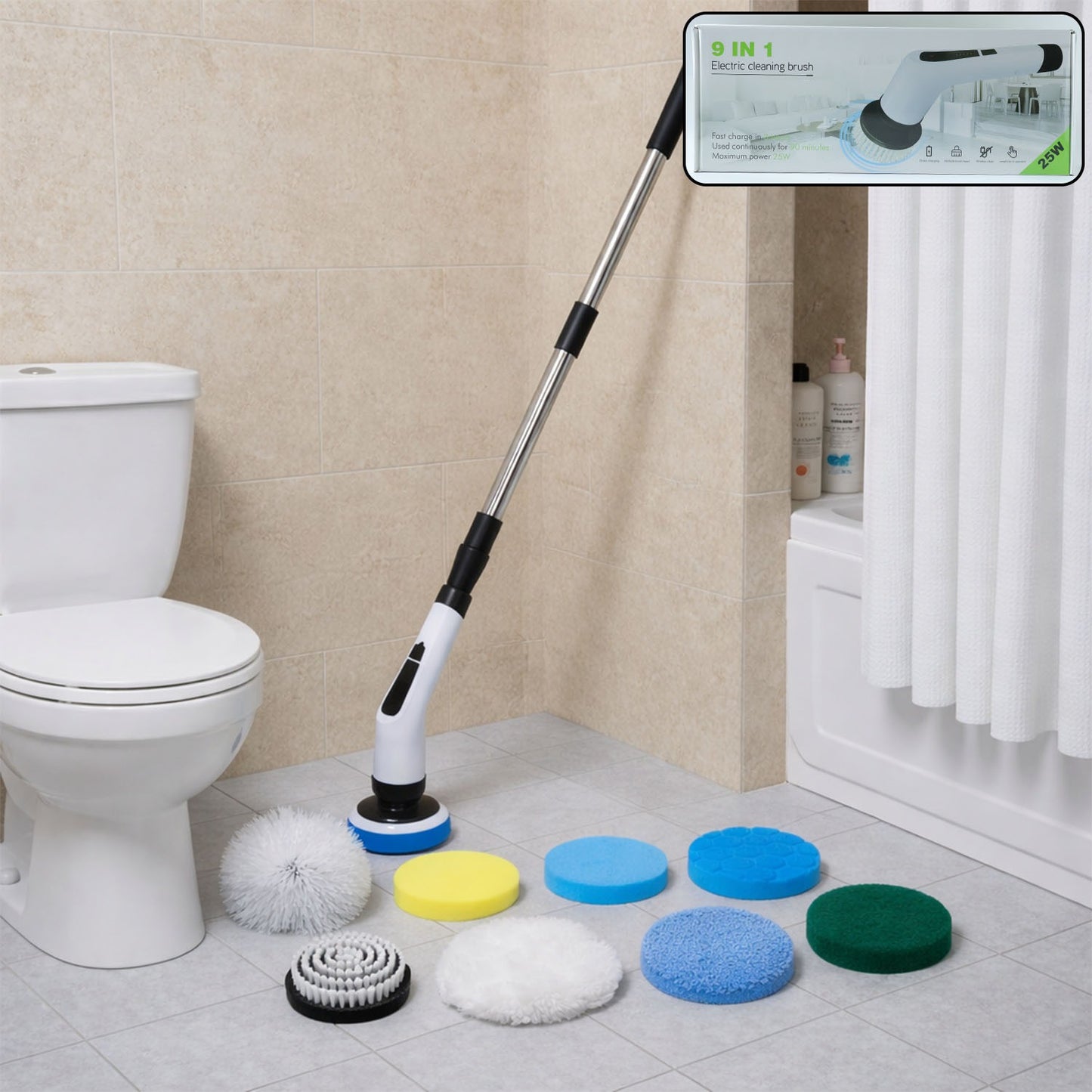 9-in-1 Electric Cleaning Brush with Long Extendable Handle (1 Set)