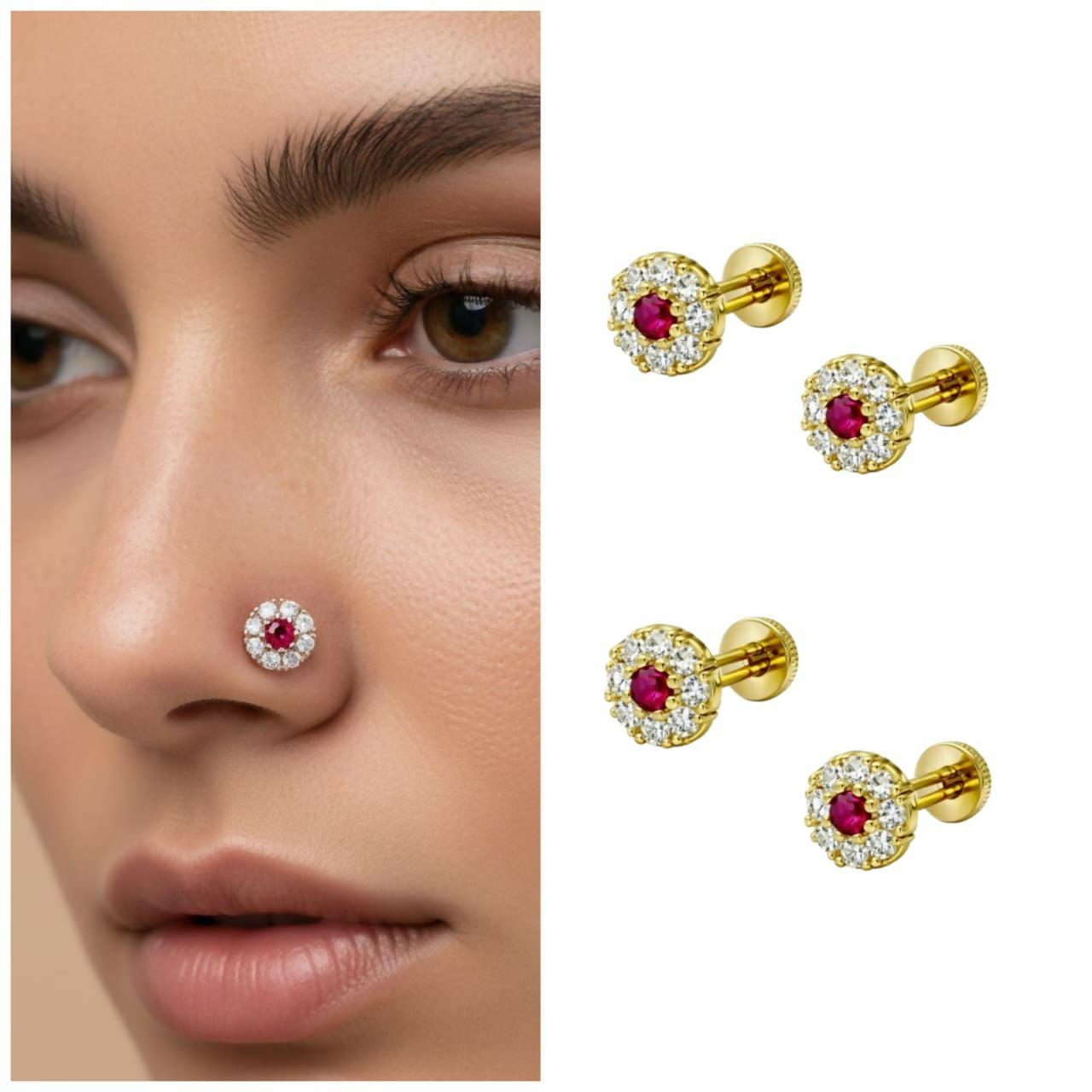 Gold plated Ruby & Diamond Floral Halo Nose Pin Labret Stud Combo Pack of 4