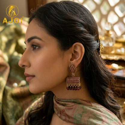 Antique Gold-Plated Leaf Design Jhumka Earrings with Maroon Bead Drops