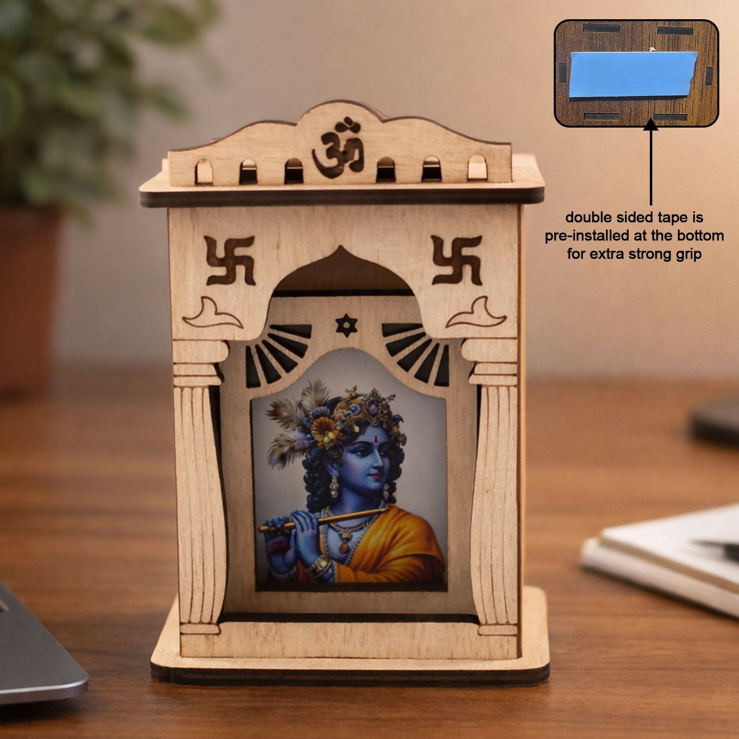 Wooden Krishna Mini Temple with Printed Image & Adhesive Base – Tabletop Mandir