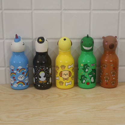 Kids Animal Water Bottle with 3D Character Cap and Printed Design (1 Pc, Mix Design)