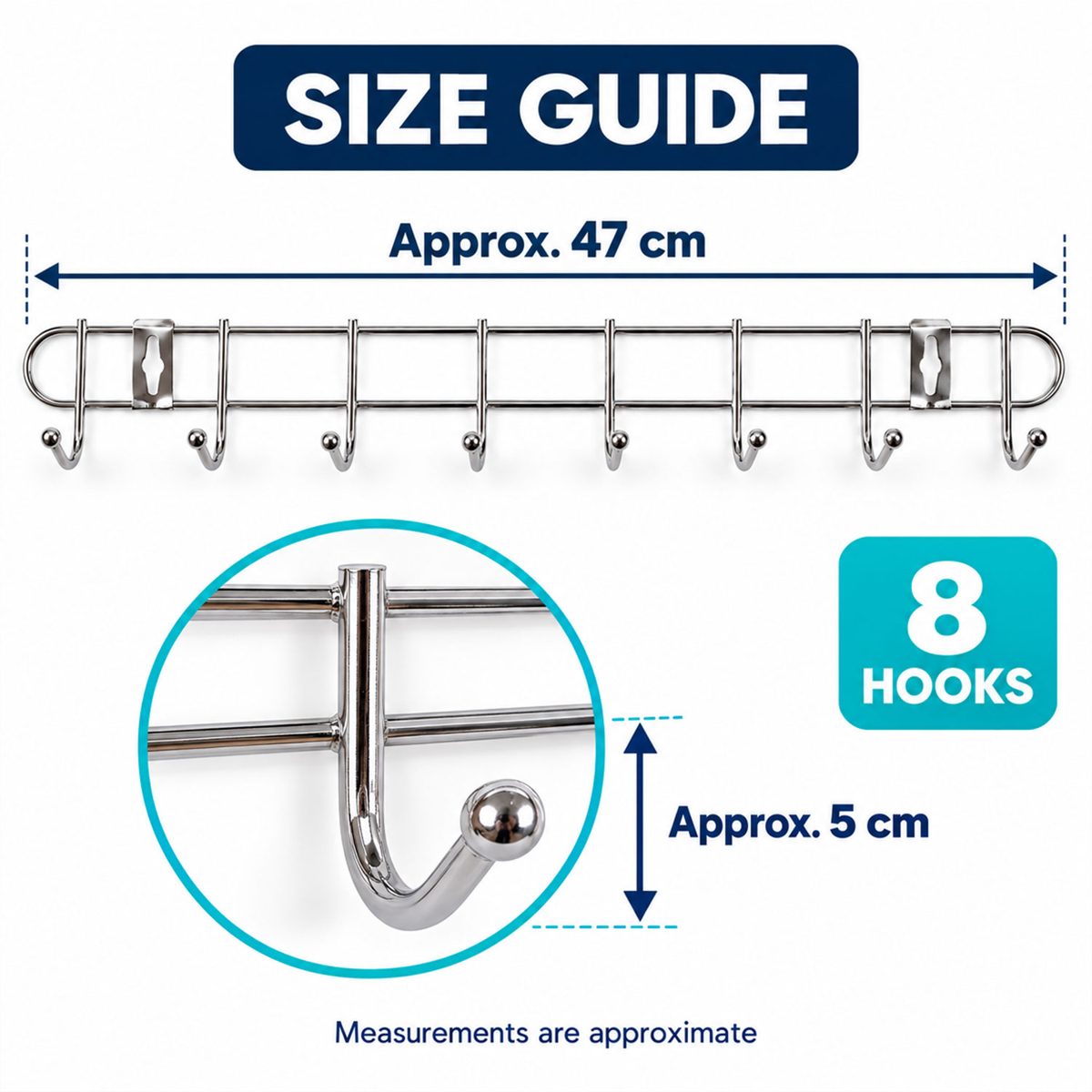 Steel Wall Mount Hanger Rack with 8 Rounded Hooks (1 Pc, Approx. 47 cm)
