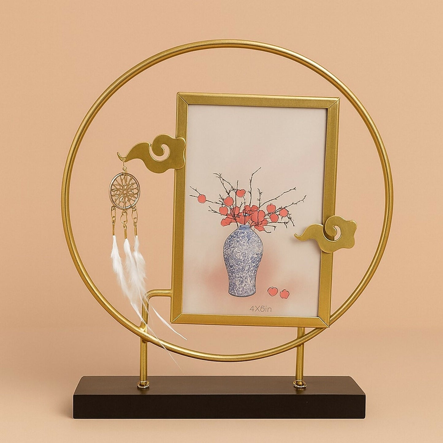 Premium Golden Metal Ring Photo Frame with Dreamcatcher Charm | 4x6 Inch Vertical Decorative Picture Frame for Home Office Table Décor | Artistic Circle Stand Photo Holder for Living Room, Bedroom & Gifting