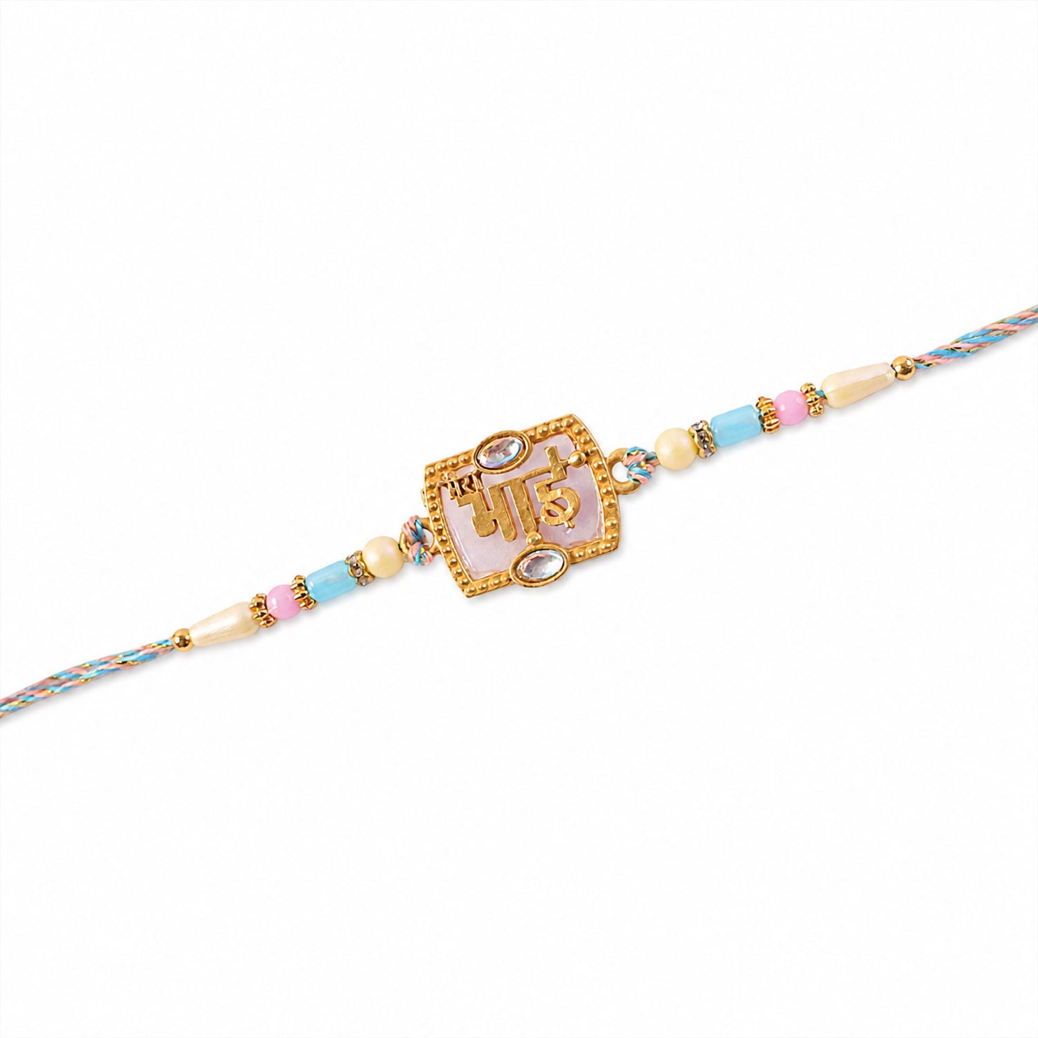 Bhai Script Pendant Rakhi with Lilac Stone and Kundan Accents
