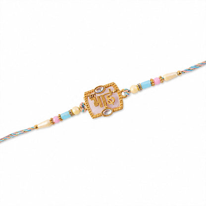 Bhai Script Pendant Rakhi with Lilac Stone and Kundan Accents