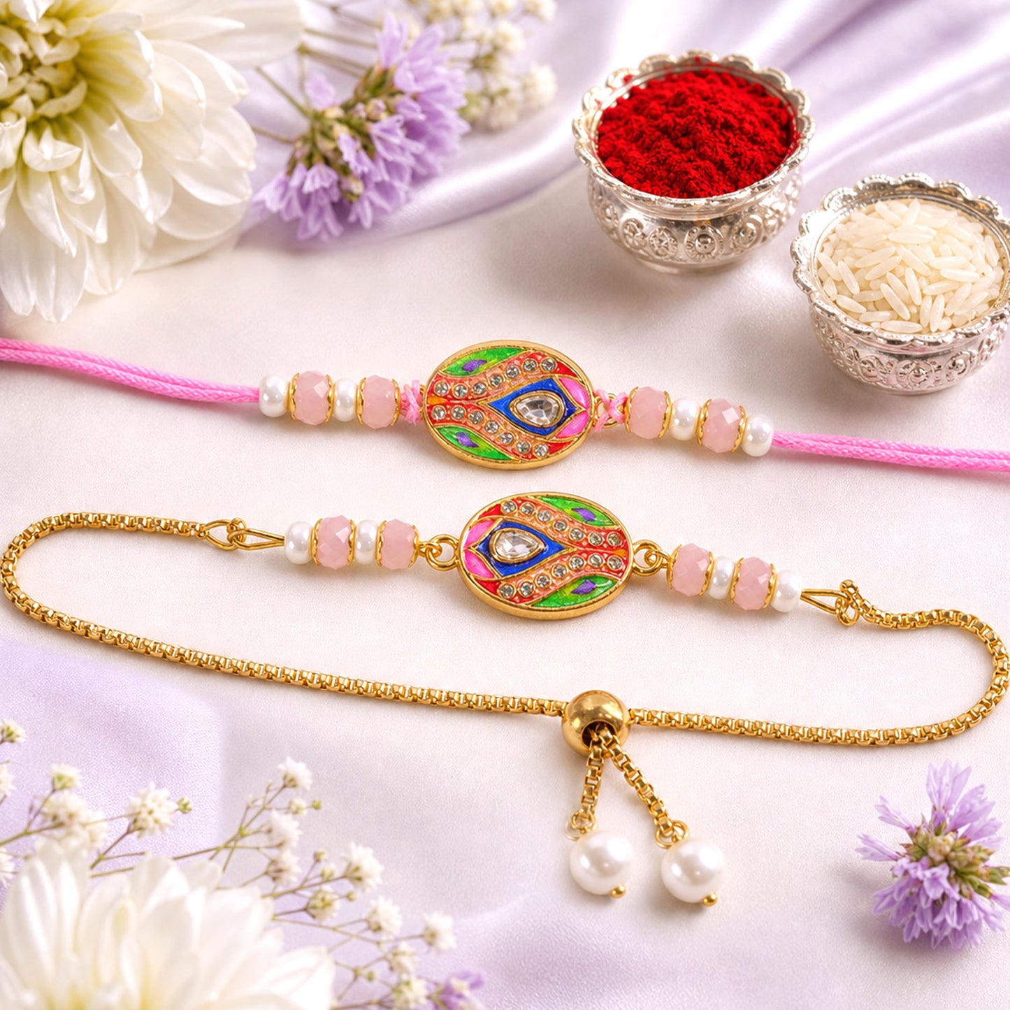 Oval Kundan Meenakari Studded Crystal Pearl Beads Bhai Bhabhi Rakhi Lumba