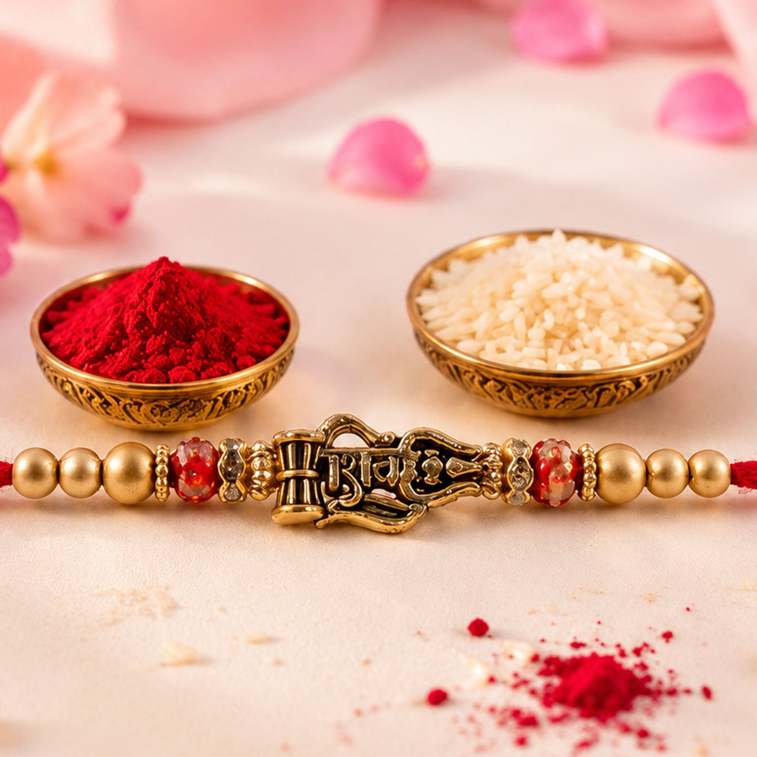 Shiv Trishul Damru Devotional Rakhi with Engraved Shiv Word, Golden Plate and Red Stones