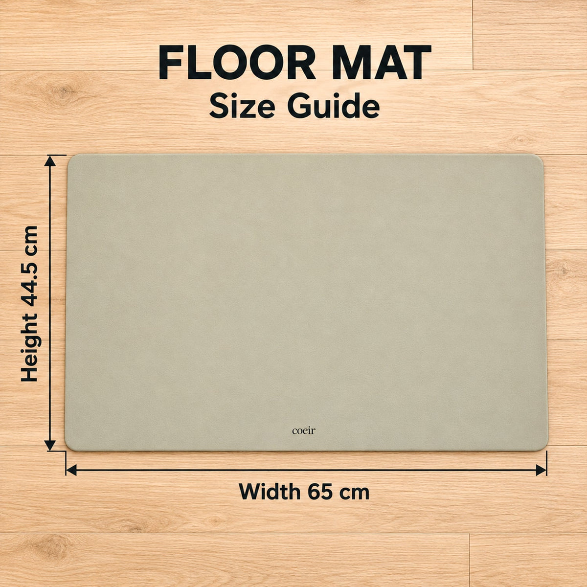 A light beige floor mat with rounded corners on a wooden floor, showing dimensions of 44.5x65 cm.