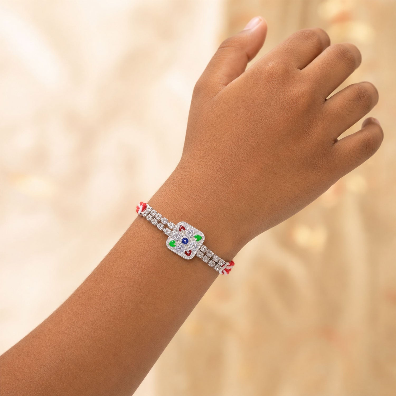 Premium Rakhi featuring Square Floral Charm, crystal accents and gift style for Gift