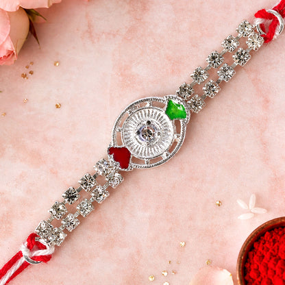 Silver-Toned Crystal Rakhi with Circular Designer Centerpiece, Dual Stone Chains & Red Thread