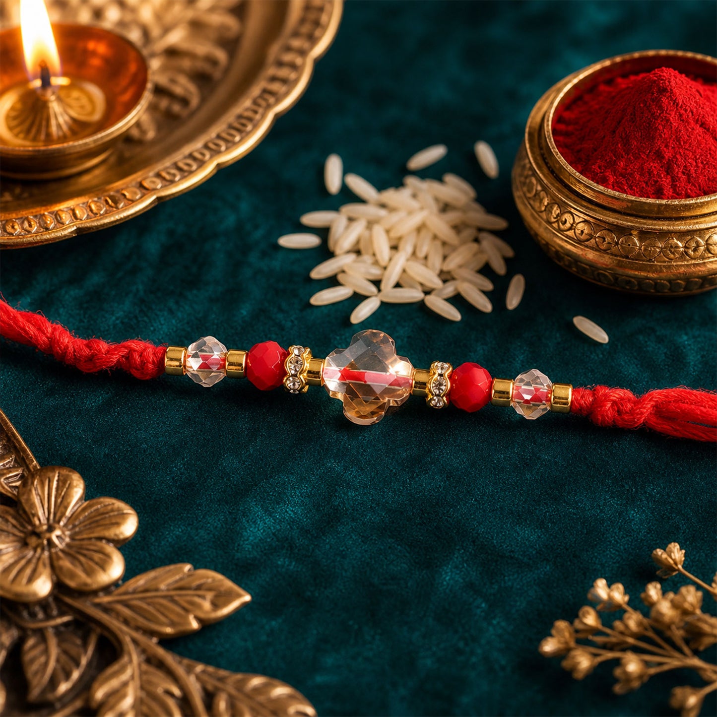 Red Thread Rakhi with a Row of Sparkling Crystal Bead Pendant Accents