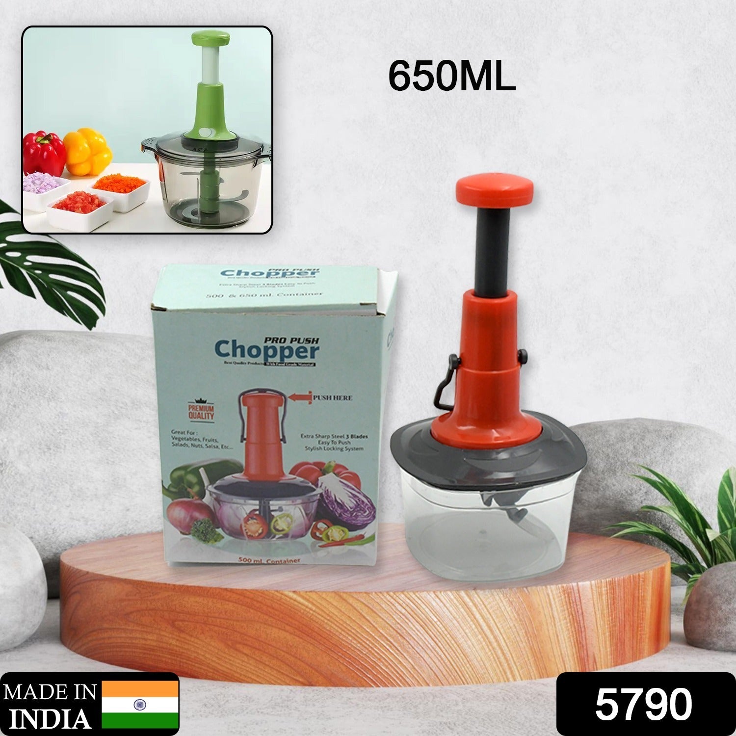 650ml manual food chopper with anti-slip base and 3 blades