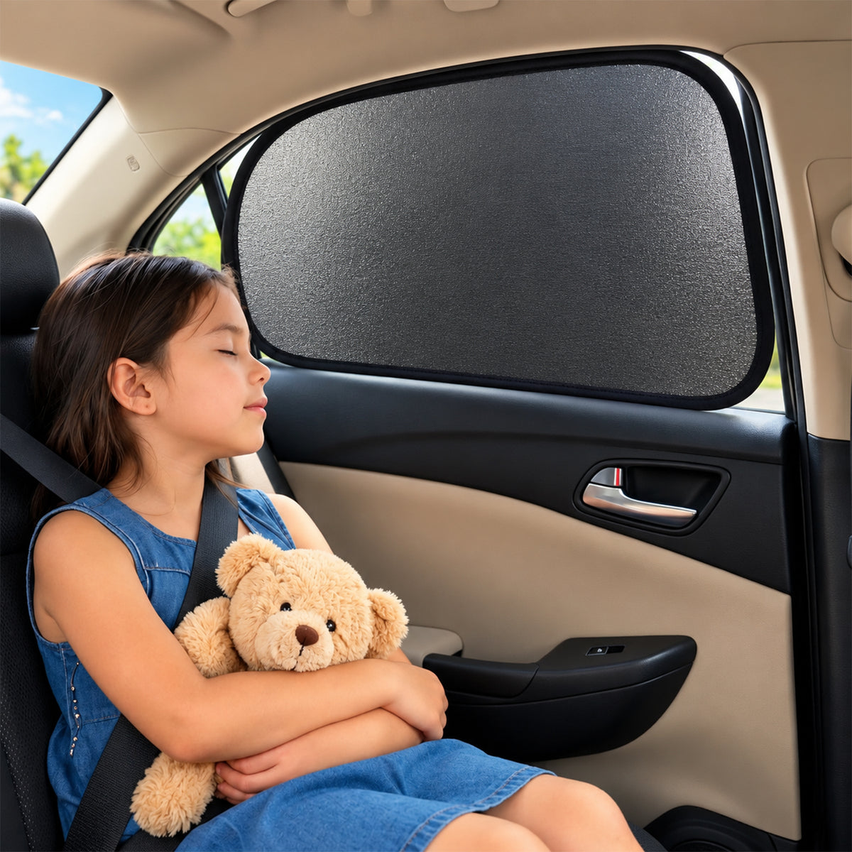 A young girl sleeping in a car seat, holding a teddy bear, with a black car sunshade on the window.