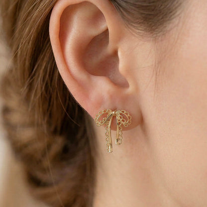 Elegant Gold Bow Drop Earrings for Women | Korean Style Designer Ribbon Earrings
