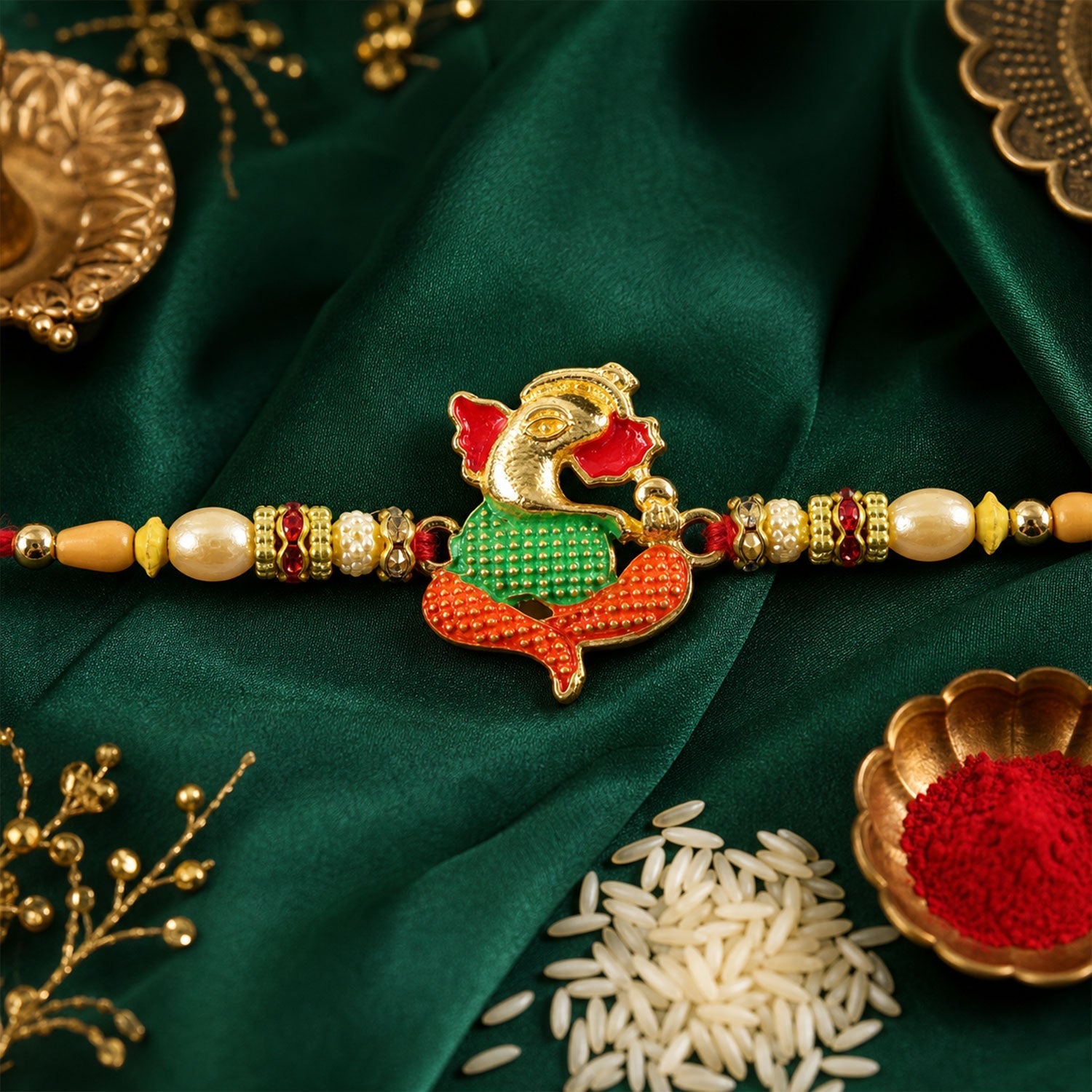 Ganesha Charm Designer Rakhi with Beaded Traditional Accent Work (5pcs)