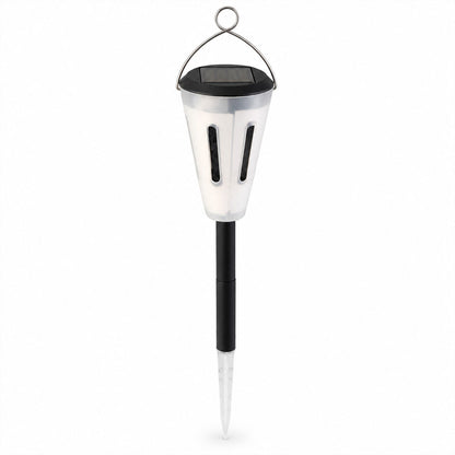 A white and black solar garden light with a metal hanging loop and clear ground stake stands upright on a plain white