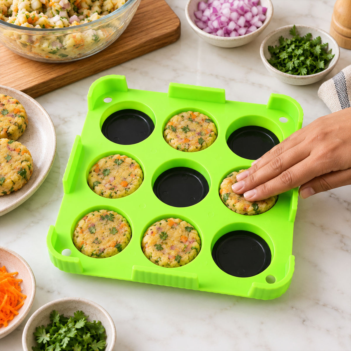 9 Cavity Cutlet and Aloo Tikki Maker Mould with Removable Base Inserts