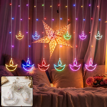 12 Diya Multicolour LED Curtain String Light for Diwali Decoration (1 Set)