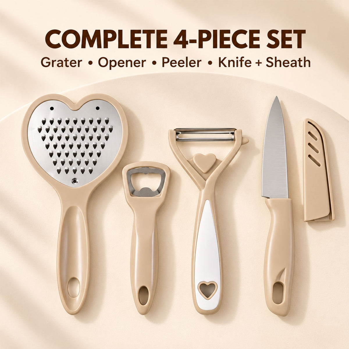 The complete four-piece kitchen tool set, including a grater, bottle opener, peeler, and knife with its sheath, arranged