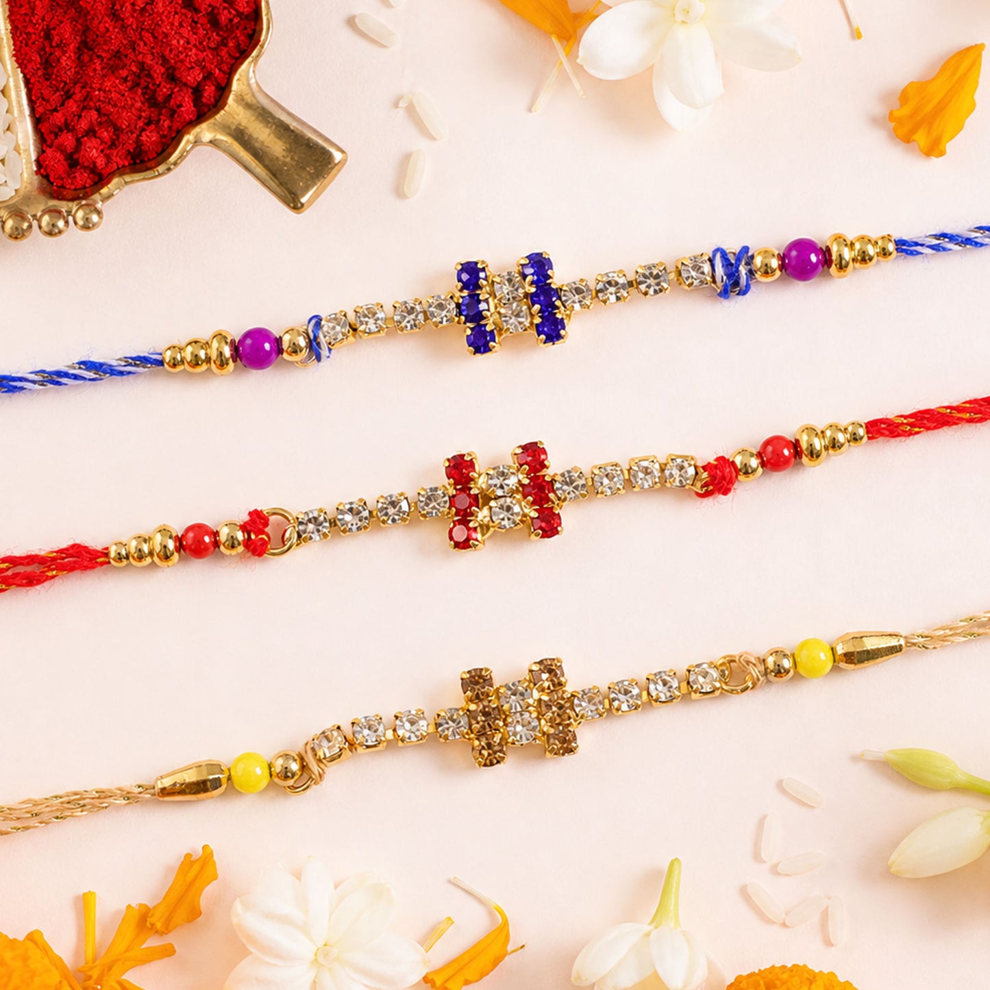 Compact Twin Bar Stone Rakhi in Mix Colour Threads (Pack of 6)