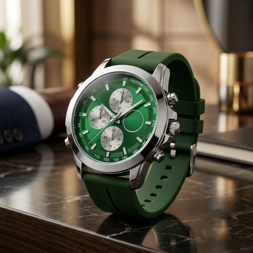 A green and silver watch with a rubber strap, displayed on a polished marble surface next to a blurred suit jacket.