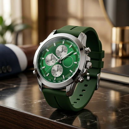 A green and silver watch with a rubber strap, displayed on a polished marble surface next to a blurred suit jacket.