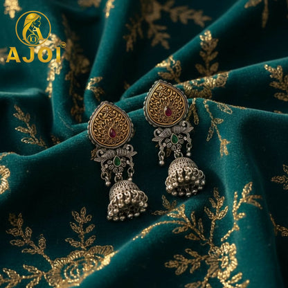 Premium Dual Tone Stone Jhumka Earrings with Elegant Traditional Detailing