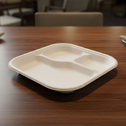Vegnar Compostable Bagasse 3-Compartment Square Meal Plate
