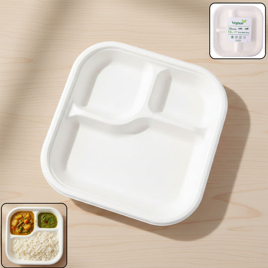Vegnar Compostable Bagasse 3-Compartment Square Meal Plate