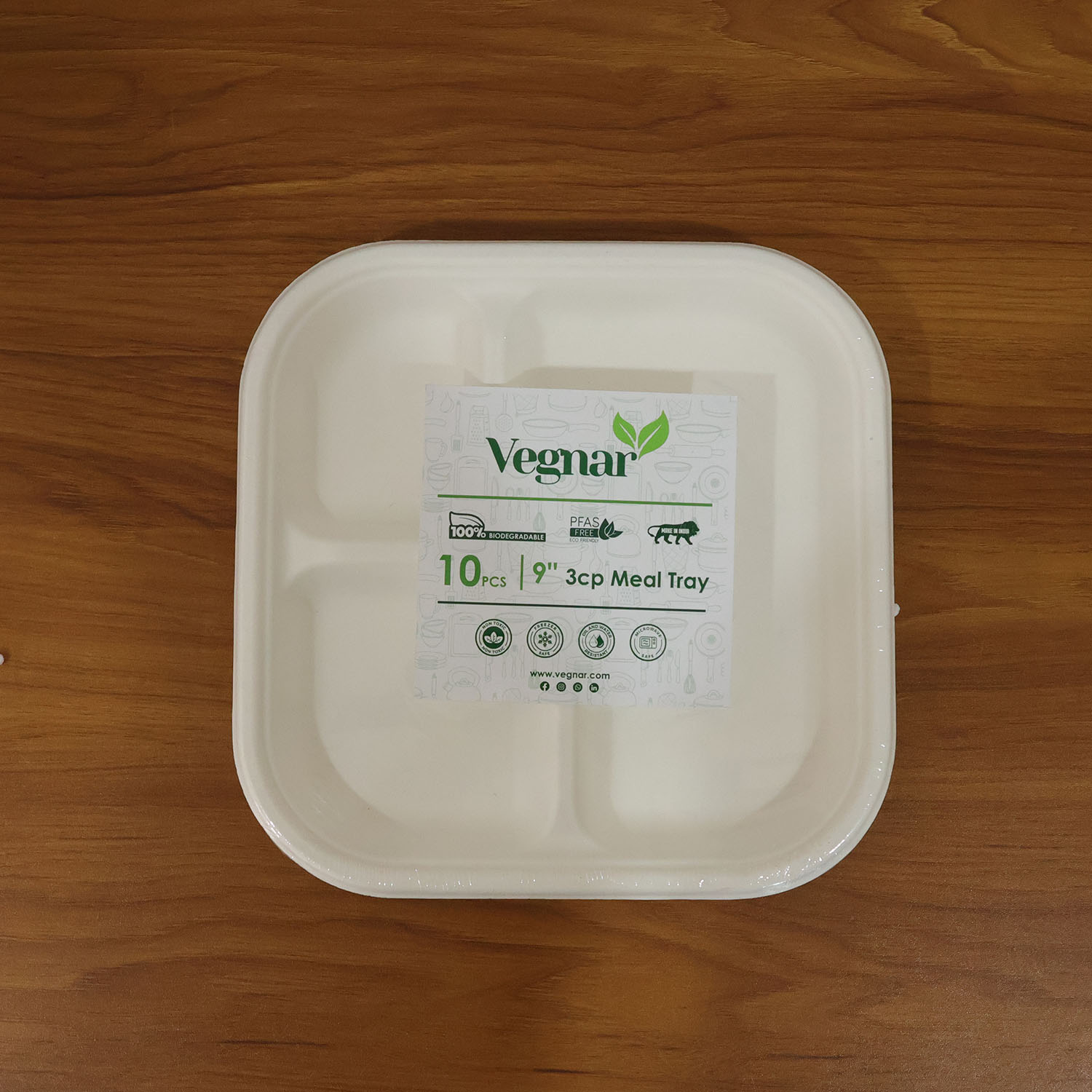 Vegnar Compostable Bagasse 3-Compartment Square Meal Plate