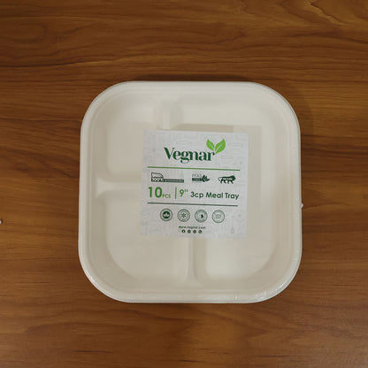 Vegnar Compostable Bagasse 3-Compartment Square Meal Plate