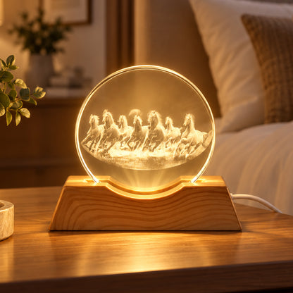 3D Running Horses Crystal LED Table Lamp with Wooden Base (1 Pc)