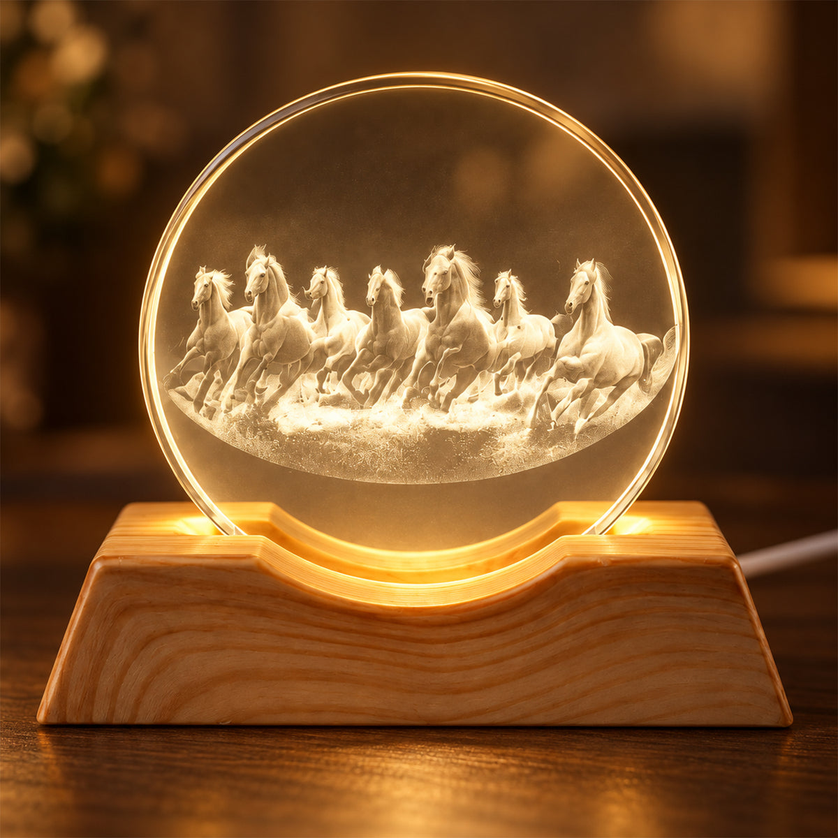 3D Running Horses Crystal LED Table Lamp with Wooden Base (1 Pc)