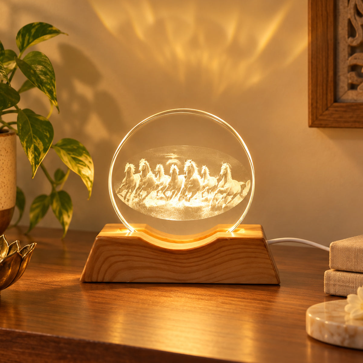 3D Running Horses Crystal LED Table Lamp with Wooden Base (1 Pc)