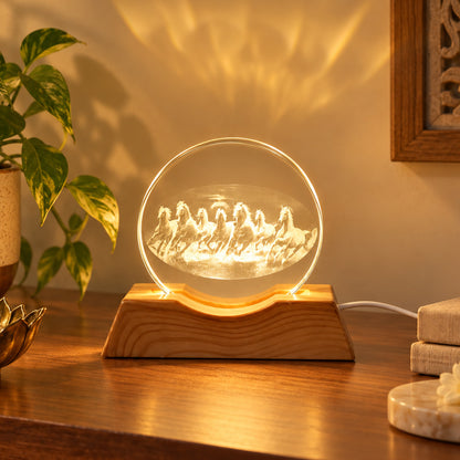 3D Running Horses Crystal LED Table Lamp with Wooden Base (1 Pc)