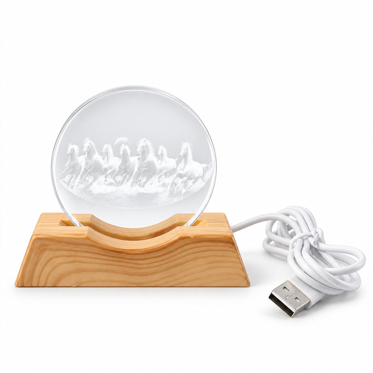3D Running Horses Crystal LED Table Lamp with Wooden Base (1 Pc)