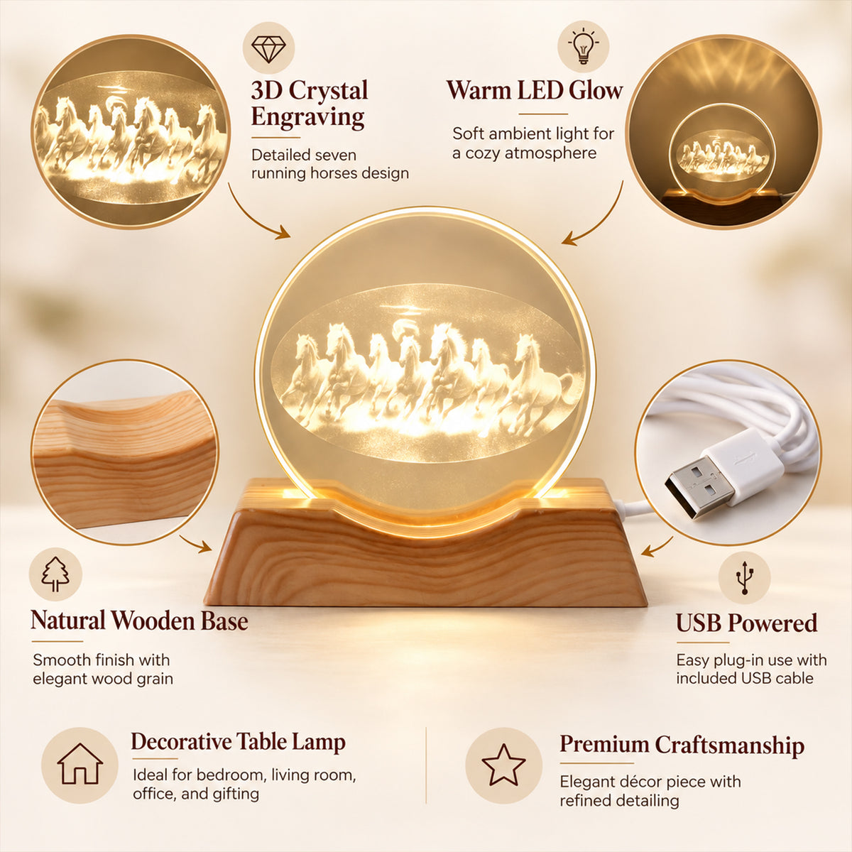 3D Running Horses Crystal LED Table Lamp with Wooden Base (1 Pc)