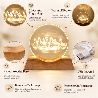 3D Running Horses Crystal LED Table Lamp with Wooden Base (1 Pc)