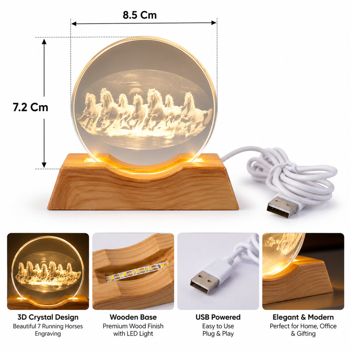 3D Running Horses Crystal LED Table Lamp with Wooden Base (1 Pc)
