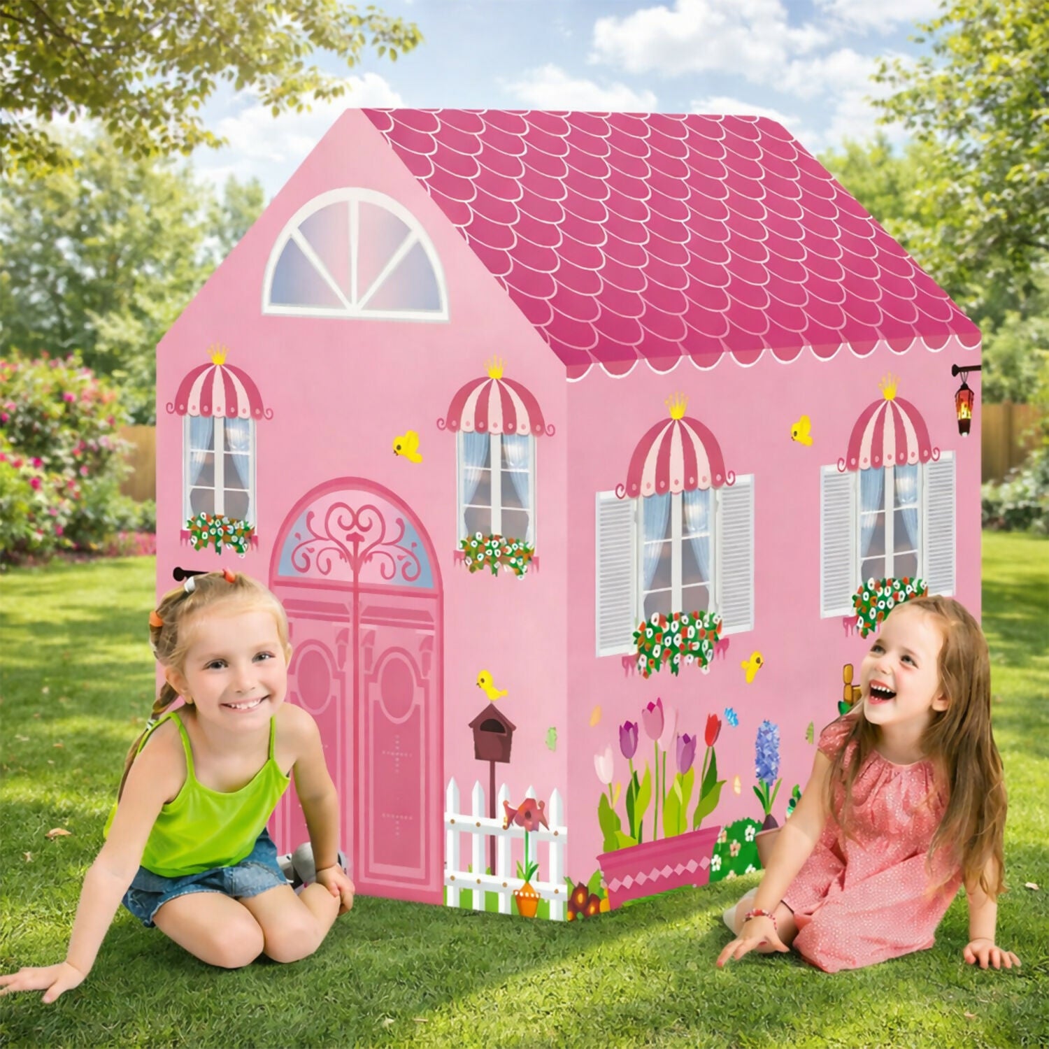 Pink Foldable Kids Play Tent House with Printed Home Design for Indoor & Outdoor Fun