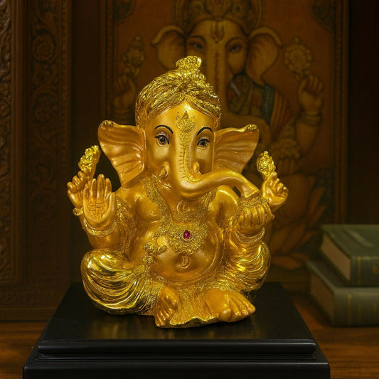 Premium Golden Ganesha Idol on Black Base | Decorative Lord Ganpati Statue for Home Mandir, Office Desk, Pooja Room, Diwali & Housewarming Gift | Vastu Showpiece for Wealth, Luck & Prosperity