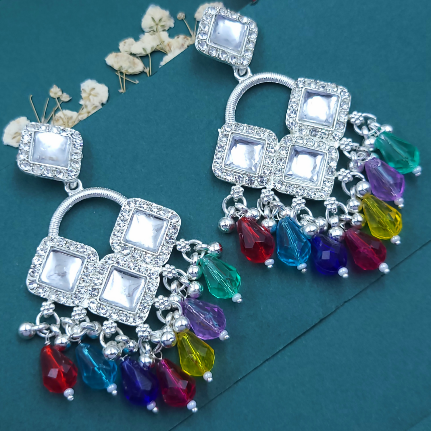 Elegant Silver Plated Chandelier Earrings Featuring Square Crystals and Multi Teardrop Beads