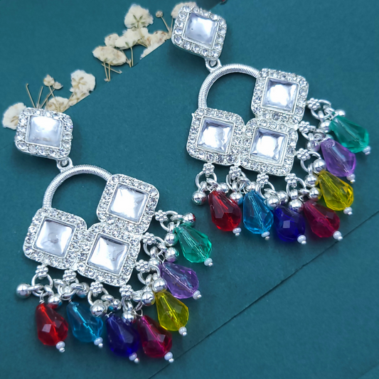 Elegant Silver Plated Chandelier Earrings Featuring Square Crystals and Multi Teardrop Beads