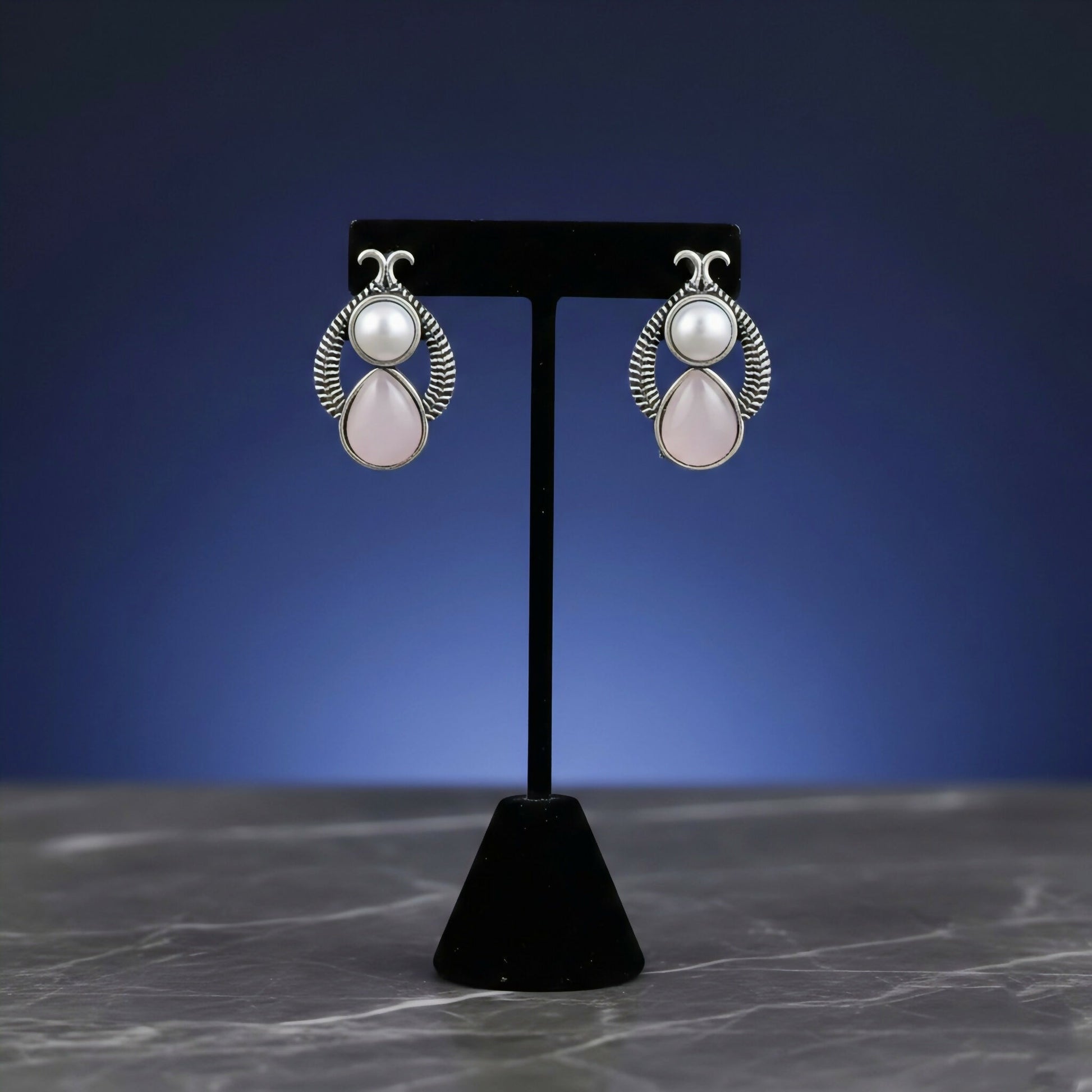 The Rose & Pearl Duet: Vintage-Finish Silver Drop Studs earrings