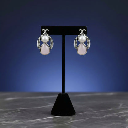 The Rose & Pearl Duet: Vintage-Finish Silver Drop Studs earrings