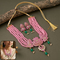 Traditional Pink Beaded Designer Necklace Set with Earrings Ethnic Adjustable Thread Jewelry Set
