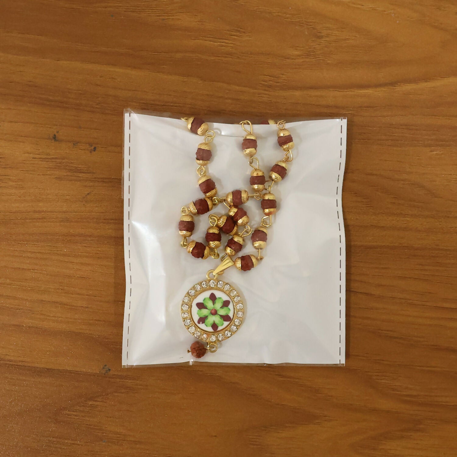 Rudraksha Necklace & Bracelet Set with Floral Pendant