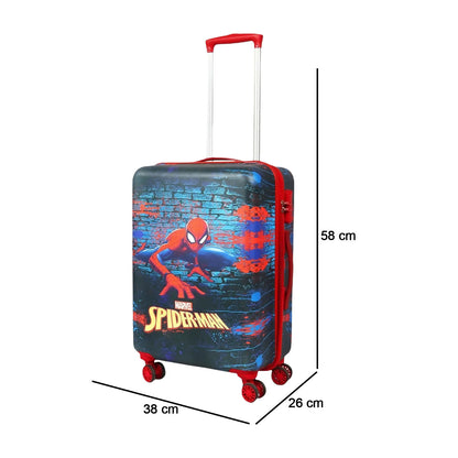 Upright position of kids trolley luggage with four wheels and Spider-Man design