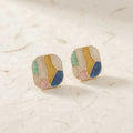Gold-Plated Multicolor Enamel Square Stud Earrings with Abstract Geometric Pattern
